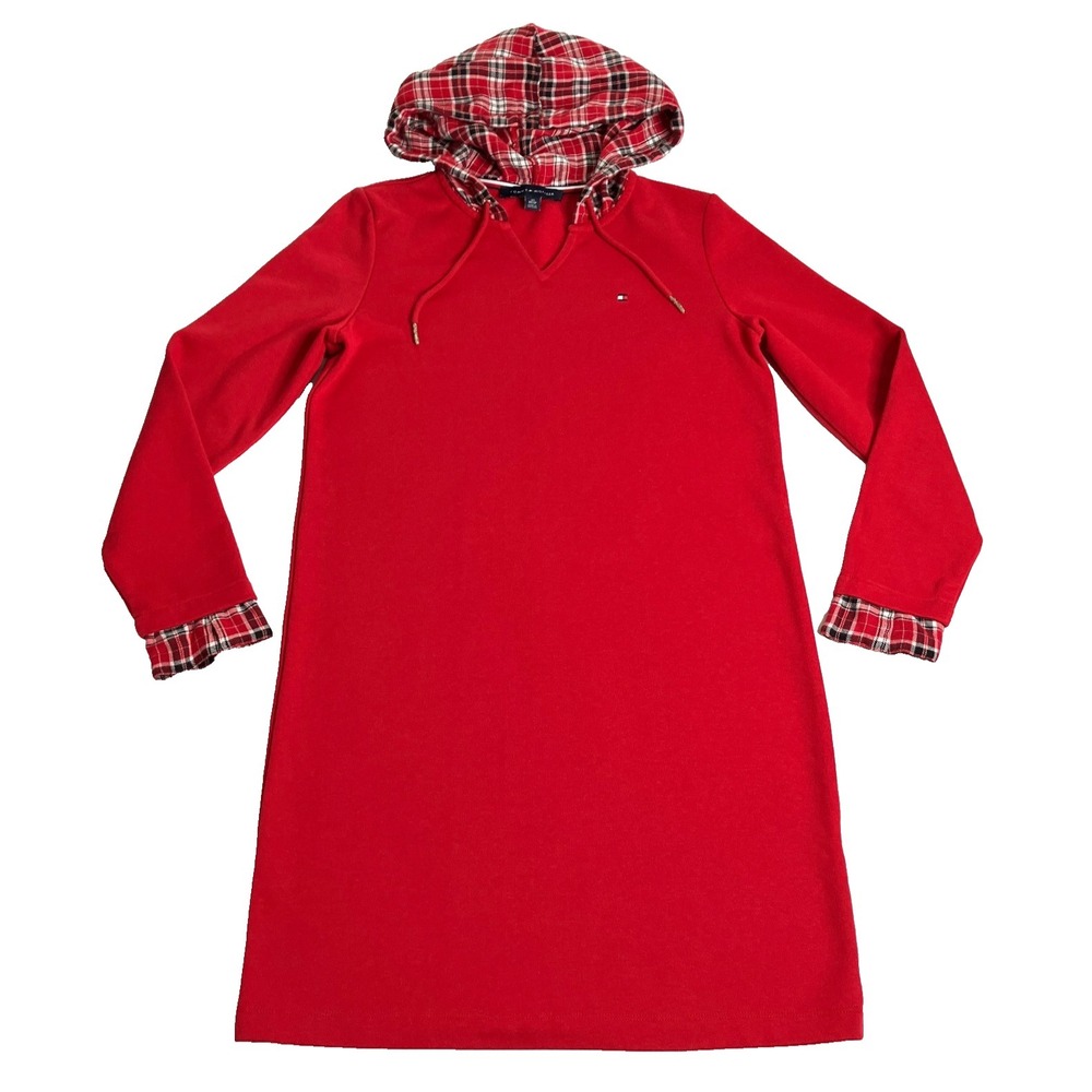Tommy Hilfiger Sweater Dress Womens XS Red Plaid‎ Hoodie Oversized Long Sleeve